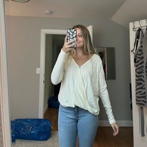 Cream Linen Wrap Long Sleeve Top